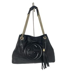 Gucci Soho Chain Tote Shoulder Bag Pebbled Black Leather Calfskin Gold Hardware